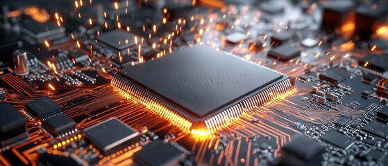 A futuristic, high-tech image depicting a powerful computer processor at the center, surrounded by dynamic, swirling patterns of colorful energy or electrical discharges.