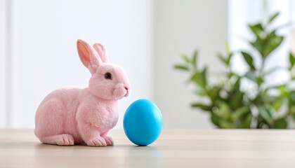 Easter Bunny and Egg: A pink Easter bunny sits next to a blue egg on a wooden table, evoking the spirit of spring, new beginnings, and seasonal joy. The composition includes a plant in the backdrop.