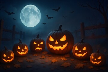 Spooky halloween night with glowing carved pumpkins illuminated by a bright full moon and silhouetted bats flying in the dark sky