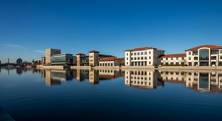 Obraz premium Buildings reflected in a calm body of water under a clear blue sky.