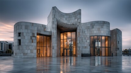 Modern Stone Structure At Sunset, Geometric Design, Reflective Ground