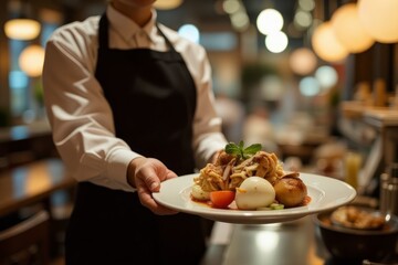 A plate of food is presented by a server.