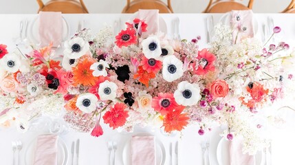 Vibrant floral arrangement captured from above on a clean white surface.