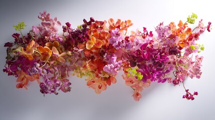 Vibrant floral arrangement captured from above on a clean white surface.