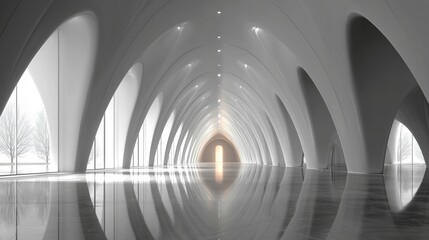 Modern White Architectural Interior with Reflective Floor and Arched Corridor