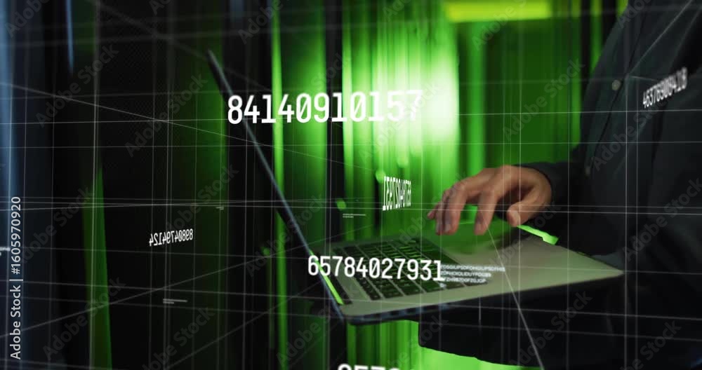 Poster it pro typing laptop keyboard and generating numeric code processing data within green grid