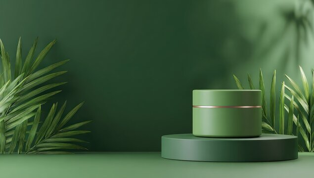 Verdant cosmetic display with a green jar on a plinth