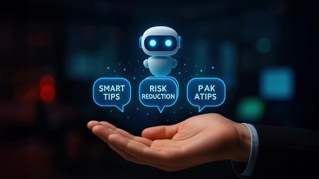 Automatic ai robot digital assistant providing smart tips and artificial intelligence task assistance with risk reduction advice and next action