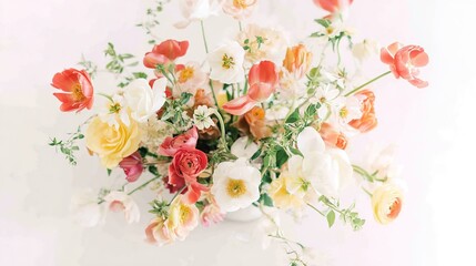 Vibrant floral arrangement captured from above on a clean white surface.