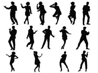 A collection of silhouettes depicting various people dancing and posing on a white background surface