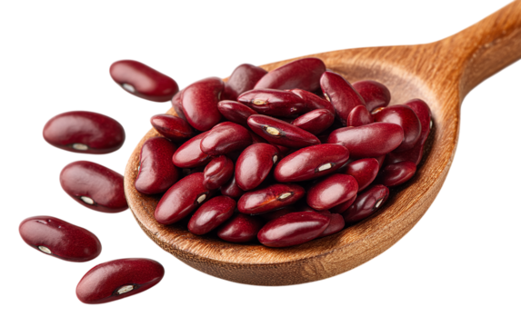 Kidney beans fill a wooden spoon. Represents nutrition and healthy eating. For culinary use, marketing, or educational content.