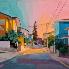 Obraz premium Colorful street scene at sunset