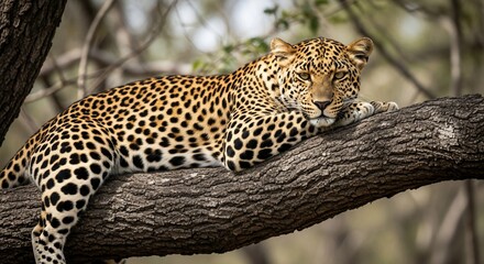 A wild leopard with a beautiful spotted coat rests comfortably on a thick tree branch.