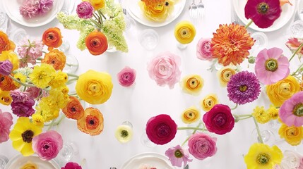 Vibrant floral arrangement captured from above on a clean white surface.
