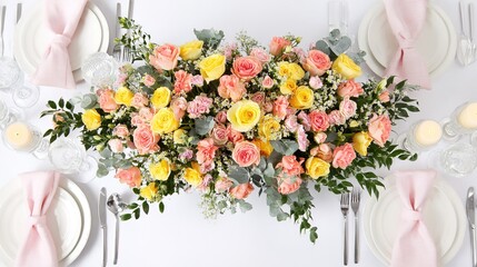 Vibrant floral arrangement captured from above on a clean white surface.