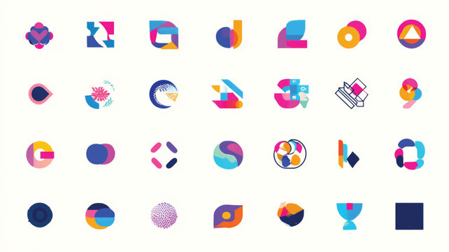 Collection of colorful abstract geometric shapes and icons.