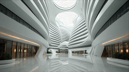 Modern White Atrium Interior with Curved Walls and Reflective Floor