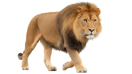 Obraz premium Lone lion isolated transparent background walking with calm