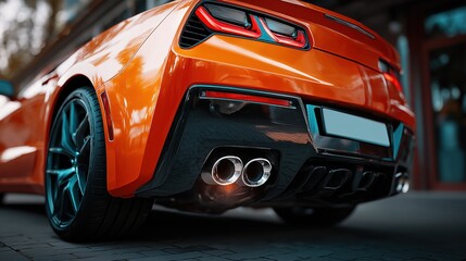 Orange Sports Car Rear View City Street