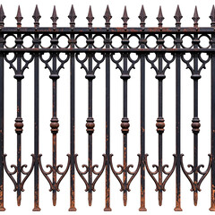 Ornate Ironwork: A close-up perspective showcases the detailed craftsmanship of an antique iron fence, the rich texture of weathered metal. The repeating patterns. 