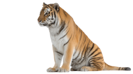 Tiger isolated on transparent background shows wild animal sitting