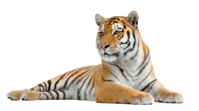 Tiger isolated transparent background lying down with calm