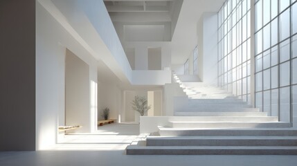Obraz premium Modern minimalist interior with a wide staircase and large windows