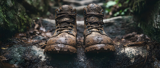 Pair of muddy brown hiking boots on ground, outdoors.