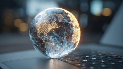 Glowing digital globe resting on a laptop keyboard, symbolizing global connectivity.