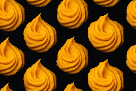 Abstract seamless pattern of sweet potato puree swirls. Fresh mashed pumpkin or mango fruit pulp drops. Food textile design background.