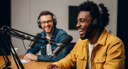 Podcast male podcasters having a lively discussion while recording an audio show in a broadcasting studio.