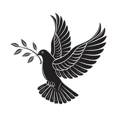 a black and white illustration of a dove with an olive branch.