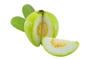 High Quality PNG Picture of fresh guava fruit with leaves on white background.