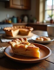 Slice of Homemade Apple Pie on Rustic Plate in Cozy Kitchen Setting