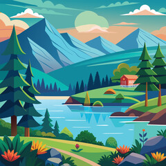 Winter mountain landscape with pine trees and a serene lake under a clear blue sky.