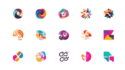 Collection of abstract colorful logos and icons for branding and design.