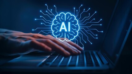 Artificial intelligence ai technology with hand typing on laptop keyboard for automatic task processing and digital brain network connection - Powered by Adobe