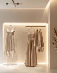 Elegant Cream Dresses and Coats Hang in Minimalist Boutique Showroom