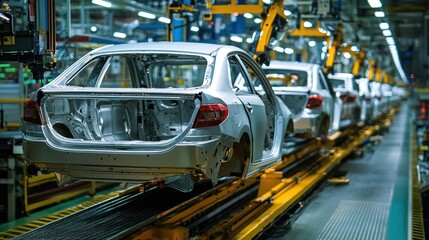 Automobiles on a production line in a factory.