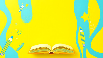 Creative education concept with an open book and illustrated pencils on a vibrant yellow and blue background