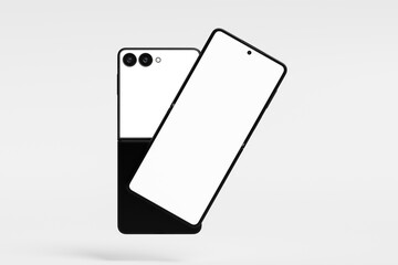 Mockup of a black foldable smartphone with blank screens on white.