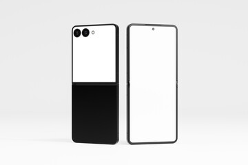 Two black flip phones stand side-by-side with a minimalist aesthetic.