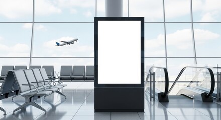 Modern airport waiting area with an advertising screen and escalator