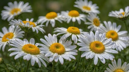 Fototapeta premium White daisy flowers, delicate blossoms in soft natural light on gentle green blurred background. Spring blooms flora, macro shot. Daisy petals, fresh vibrant nature, outdoors in full bloom