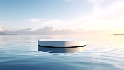 Plakat Minimalist platform on tranquil ocean with island view, perfect for showcasing luxury products or serene spa scenes