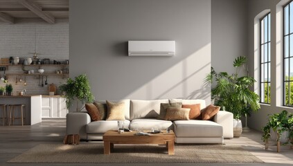 Modern living room interior with sofa and air conditioner