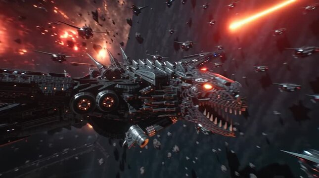 the dragon head breathing a beam of plasma, enemy ships exploding in the distance, deep space battlefield filled with debris and smoke