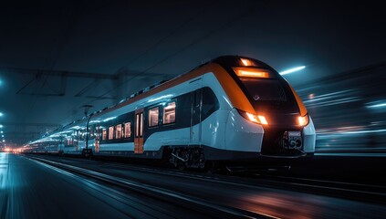 Fototapeta premium Modern train speeding through a dark tunnel at night