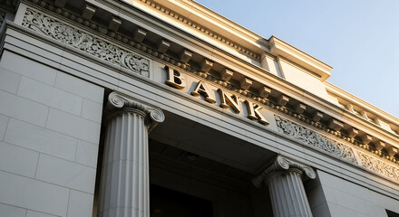 Classic bank architecture featuring ionic columns and gold lettering under a clear blue sky, evoking trust and stability.
