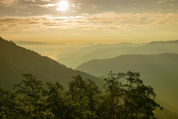Scenic beauty of layers of mountains, Okhrey, sikkim, India. Okhrey village of one of the remotest places in Sikkim where peaceful, tranquil Himalayan mountain range is enjoyed by tourists from India.